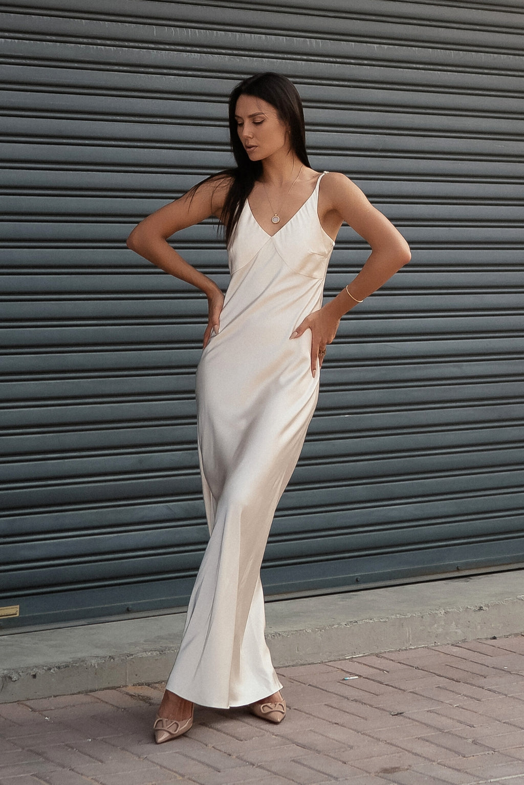Satin V Neck Midi Slip Dress V-Neck Slip Dress Ivory Satin V Neck Midi Slip Dress V-Neck Slip Dress Ivory