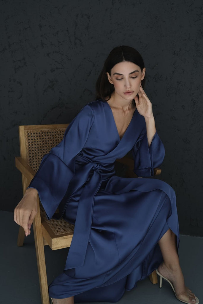Indigo Blue Silk Wrap Kaftan-Dress