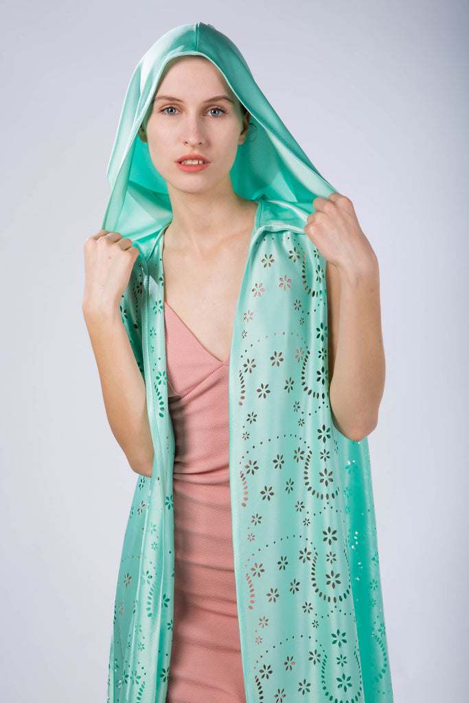 Kaftan with hood, without sleeves, Desert Oasis, front view